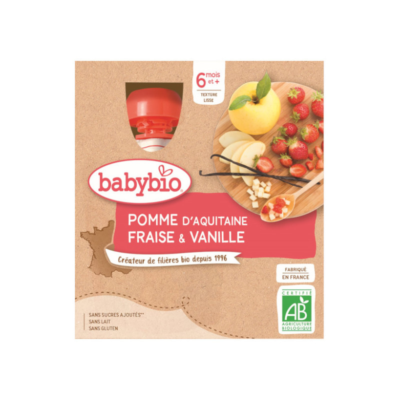 Babybio gourde pomme fraise vanille 6 mois et+ lot de 4 x 90g